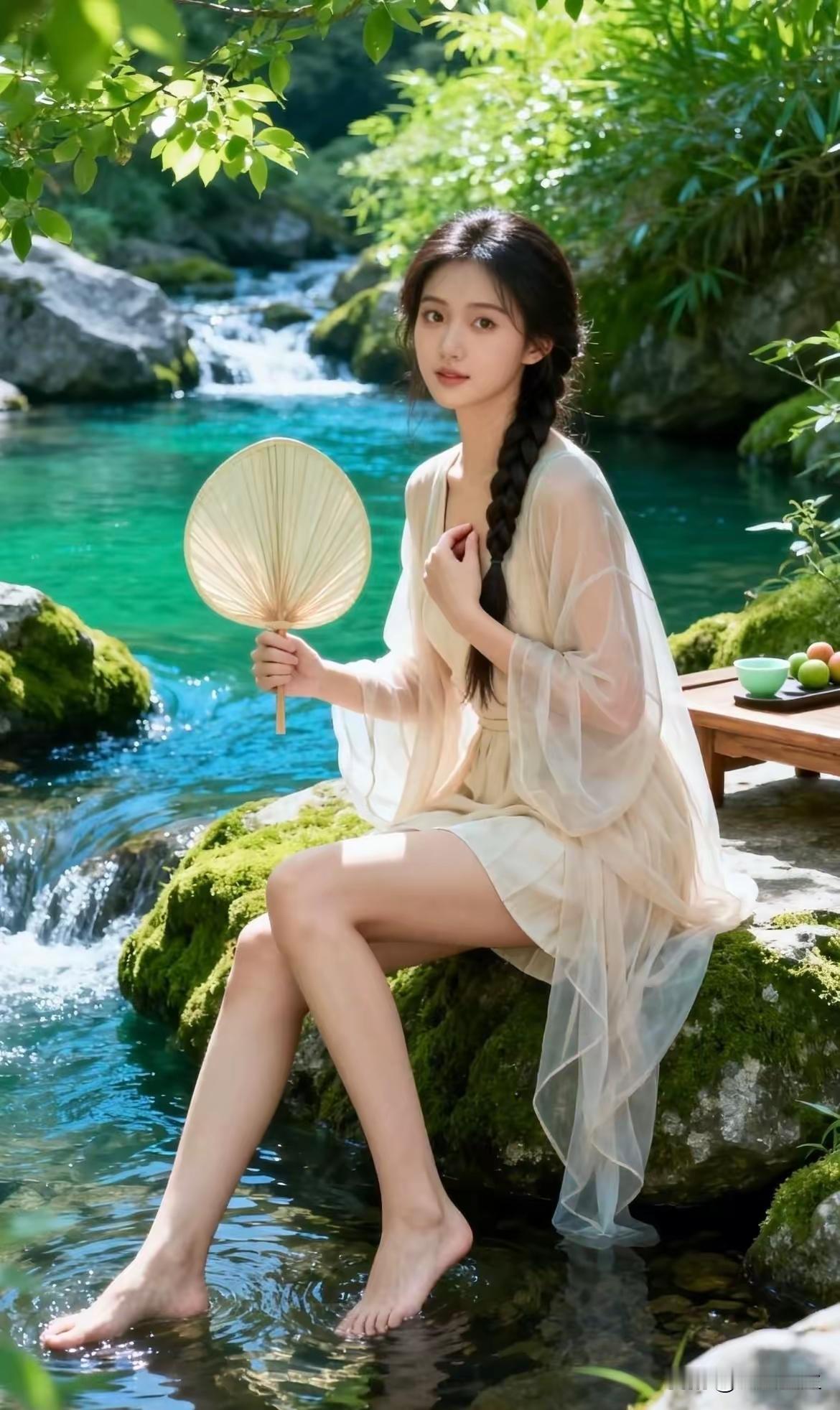 在清澈的溪流边，她手持团扇，宛如古代仙女。