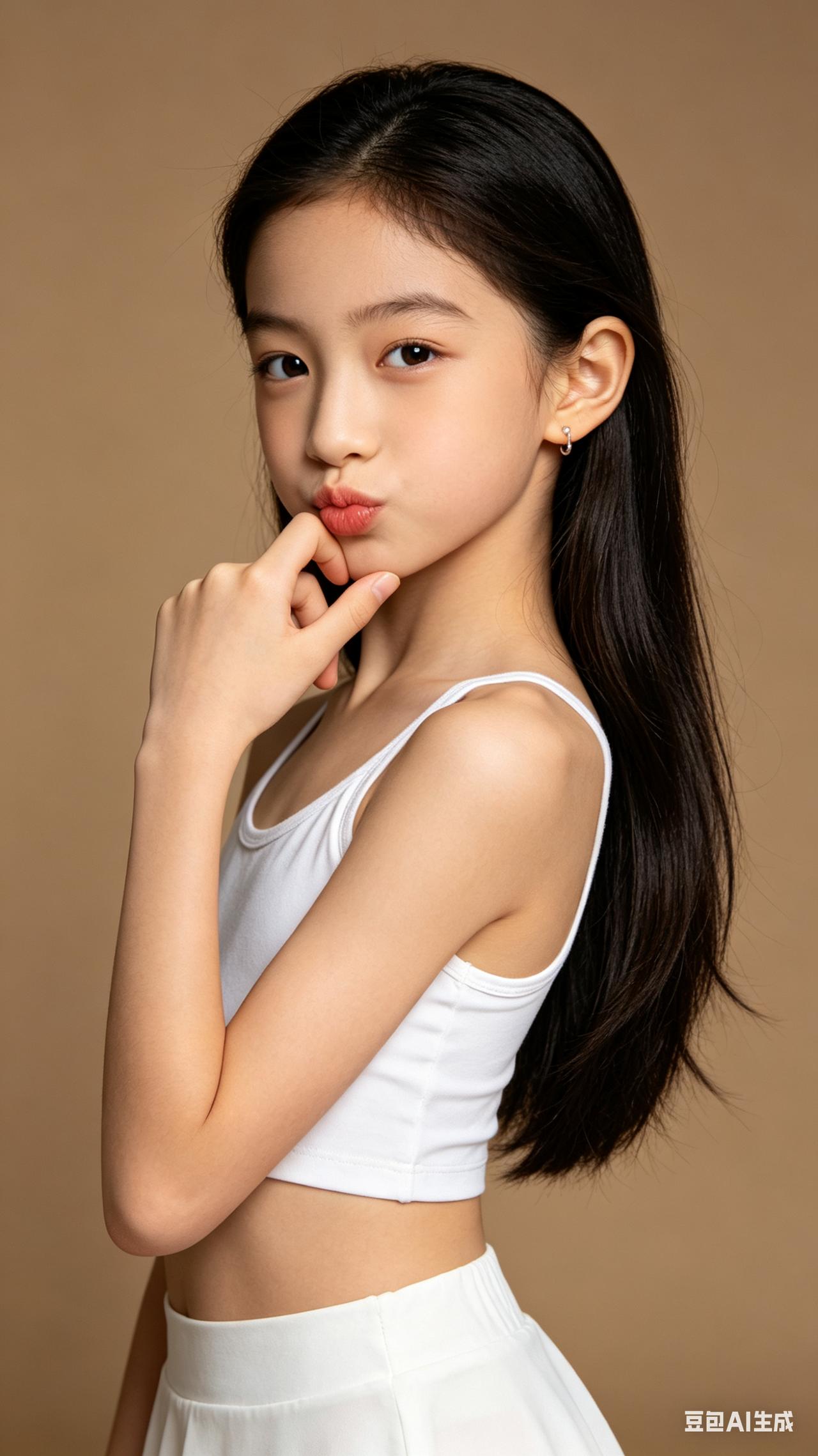 舞蹈少女半侧身舞蹈定格，长发披肩气质灵动，白背心短裙搭配小耳饰，暖光卡其纯色背景