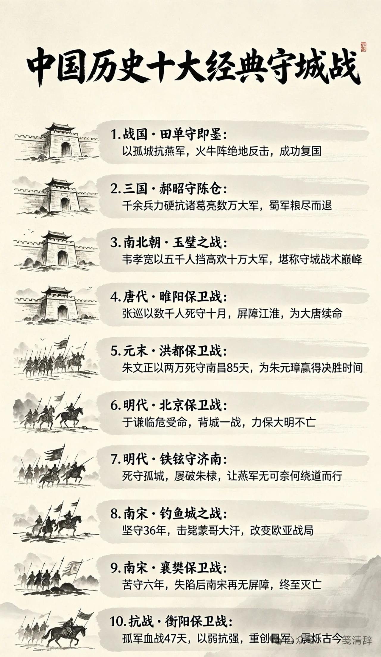 中国历史上有不少经典守城战。比如睢阳保卫战，张巡、许远率数千士兵坚守睢阳十个月，