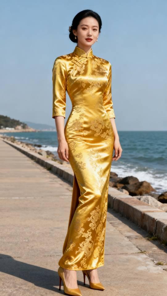 金色旗袍女子海边留影。旗袍旗袍美女