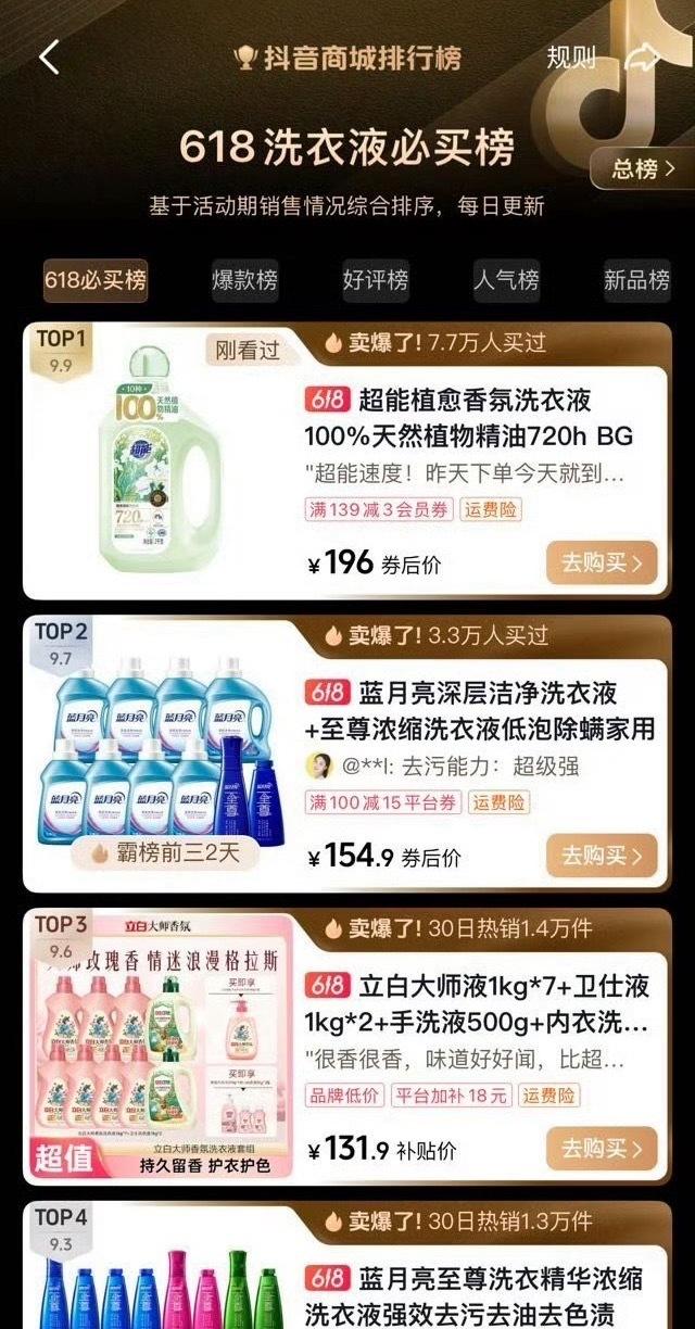 6月18号肖战代言超能后，直接屠榜抖音商城，拿下洗衣液所有榜单top1️⃣