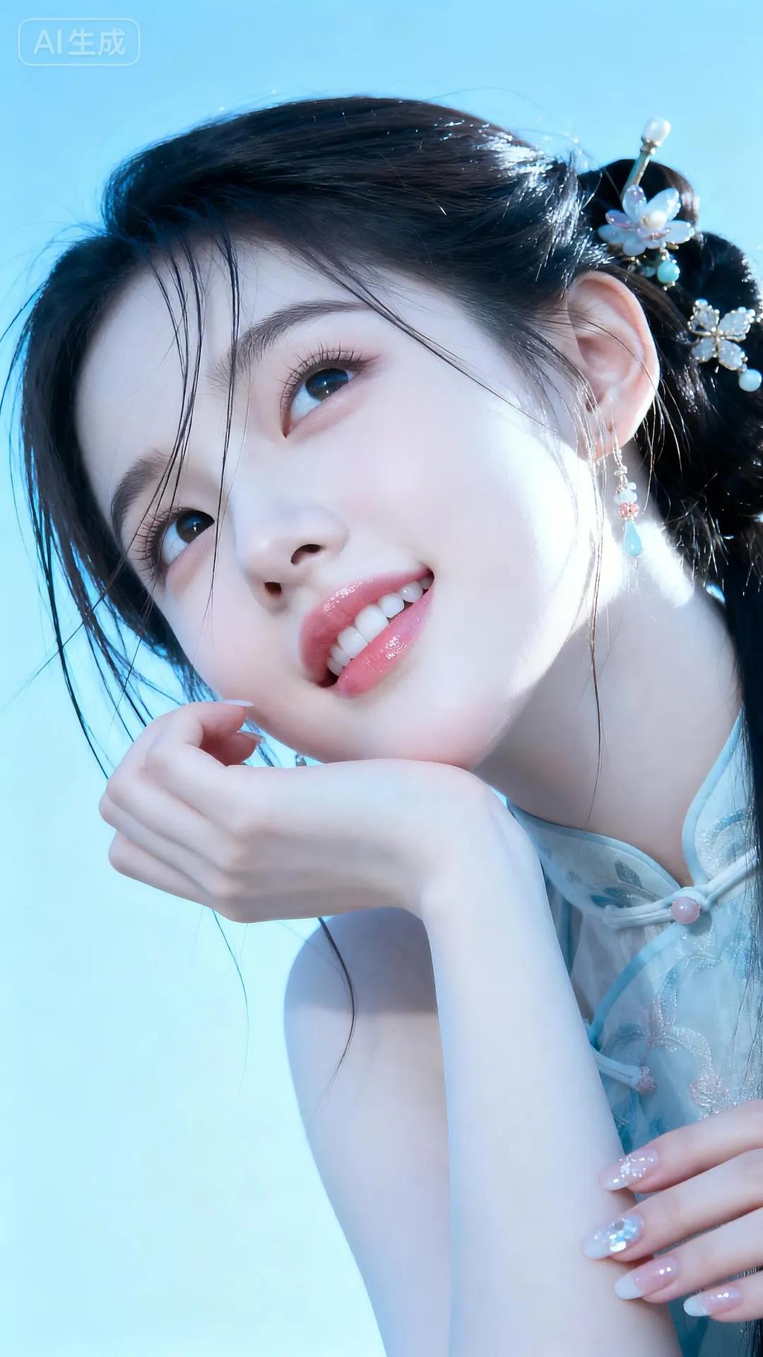 清新脱俗的少女，微笑如花绽，温柔似水柔。