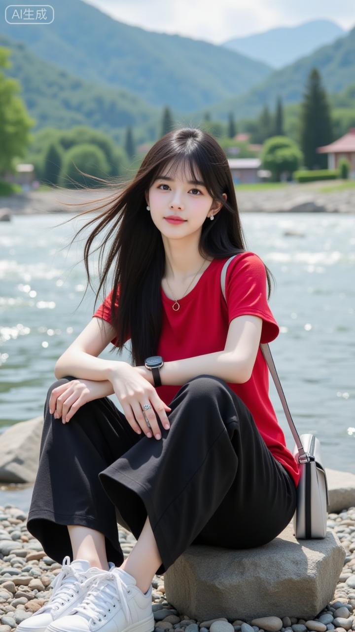 河畔的红衫甜妹好亮眼正红T恤搭黑阔腿裤，清爽又衬气色，长发被风掀起，甜里裹