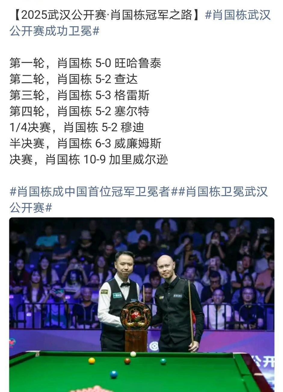 凭借14万英镑冠军奖金，肖国栋排名上升到世界第8，锁定大师赛首秀资格、冠中冠、三