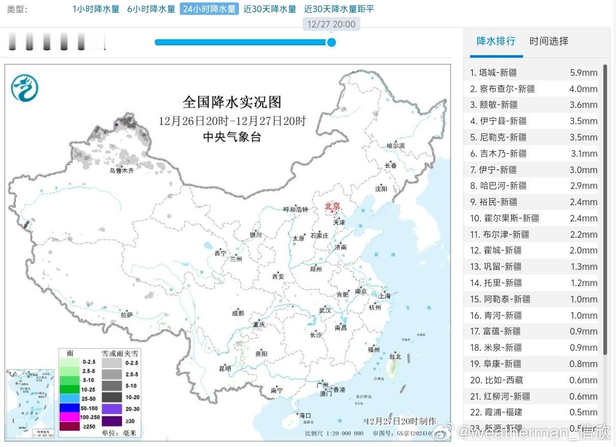 【跨年降水过程】昨晚到今天，我国降雪主要在新疆北部。新疆站点也是包揽了24小时降