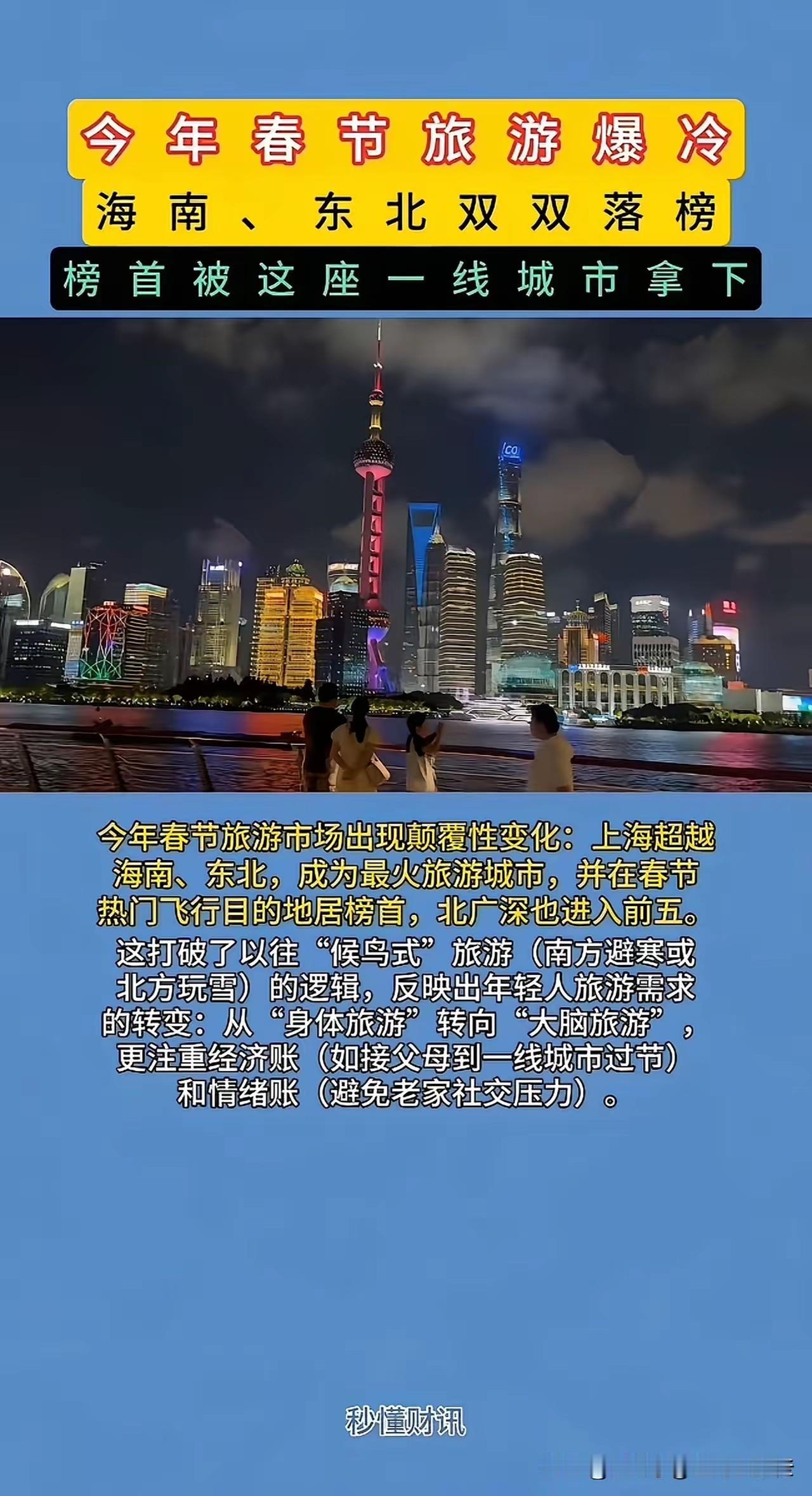 今年春节最火热旅游城市居然是上海，最南看海的三亚，最北看雪的哈尔滨意外落榜！候鸟