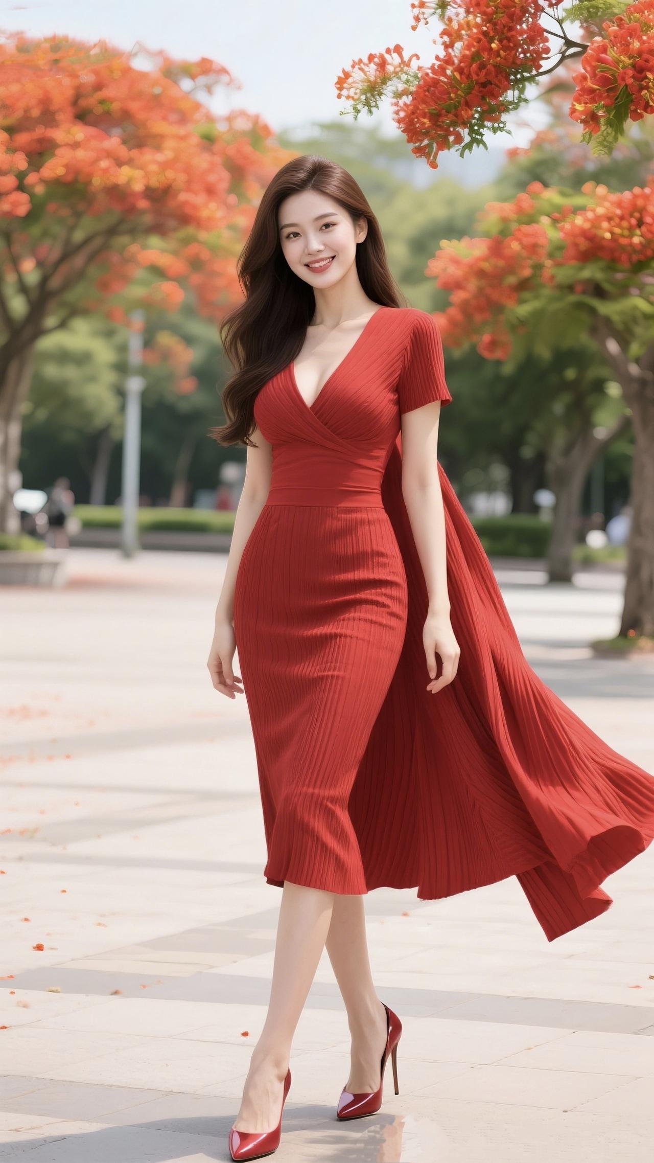 《赤焰与风》凤凰花燃在枝桠间红裙漫过石阶的暖褶皱里藏着夏的热烈一步一