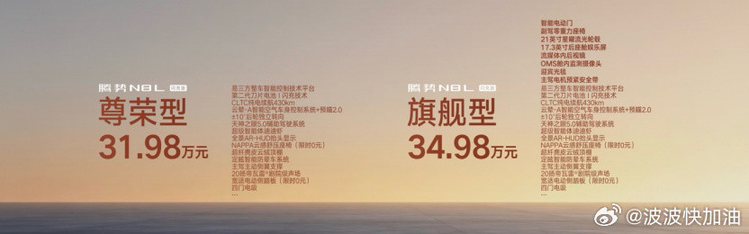 前两天腾势上了个 N8L 闪充版，梳理整理下信息。  一共两款车型，闪...
