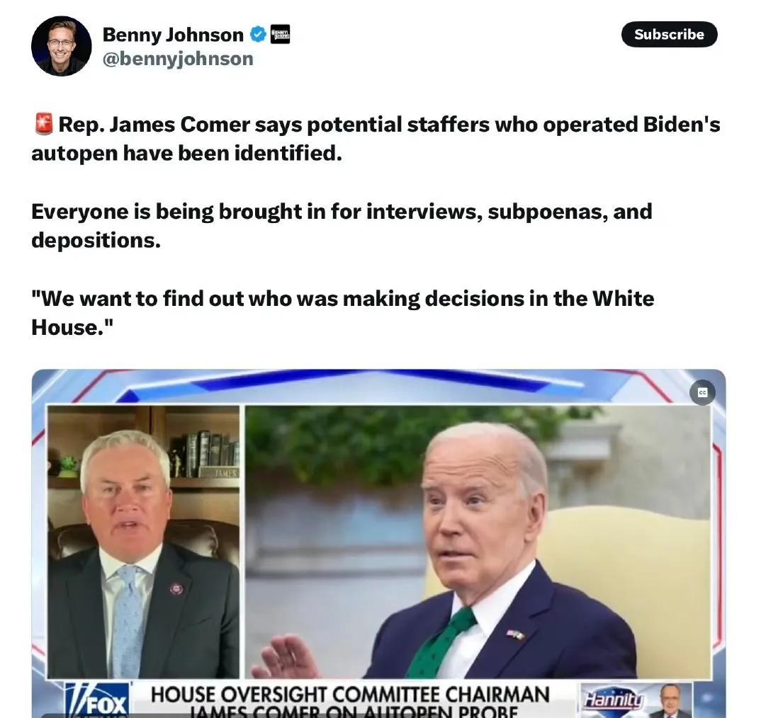 美众议院监督委员会主席JamesComer认为，他们已确认在拜登“精神状态明显