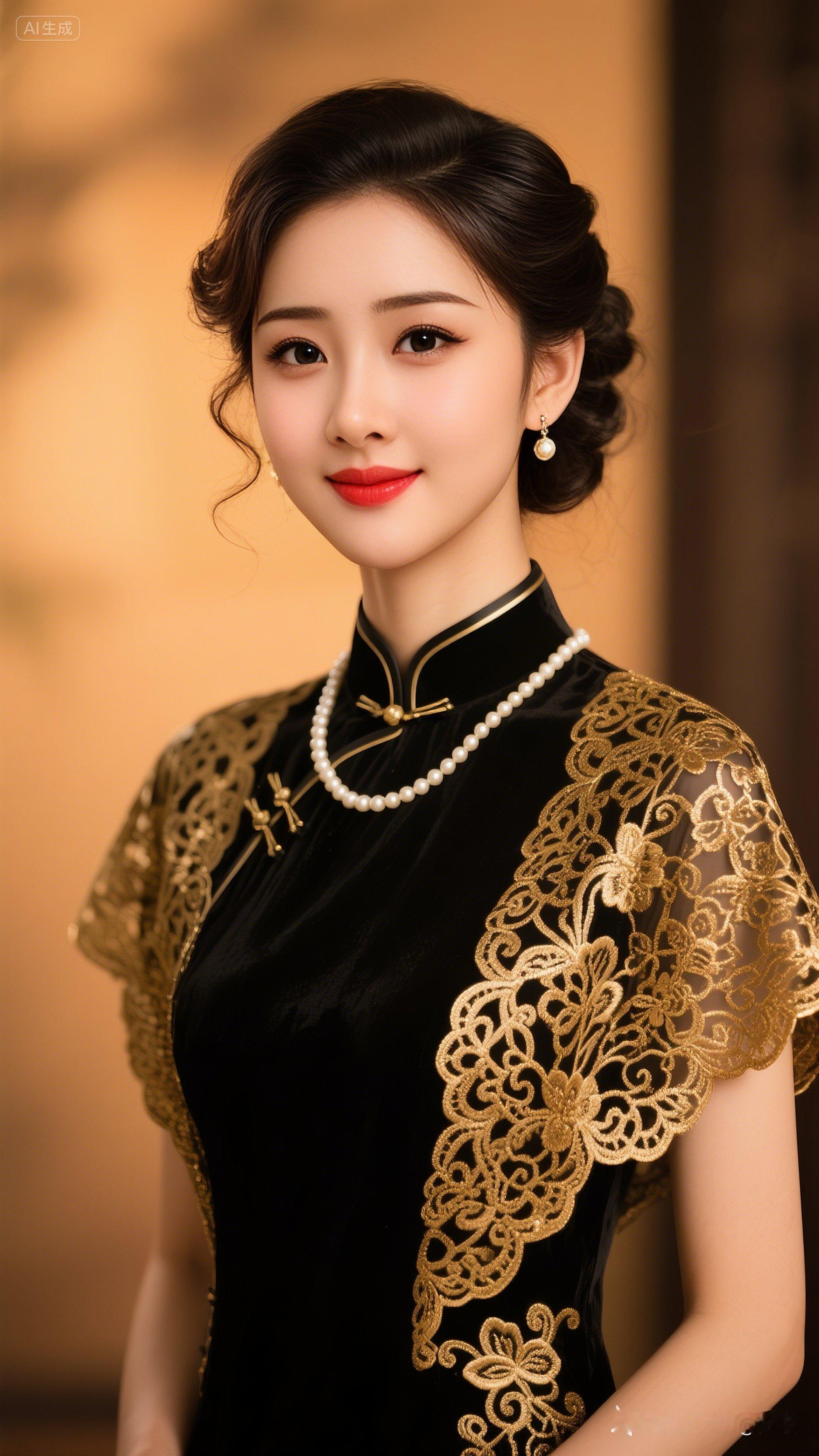 这位美女穿着华丽的旗袍，好漂亮！