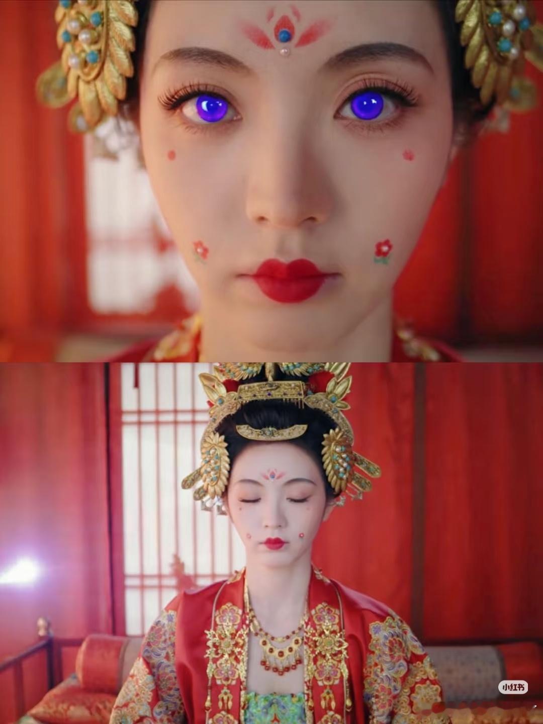 《子夜归》大婚妆容[笑着哭]其实发饰是用心了的，但是田曦薇很瘦，唐朝的主流审