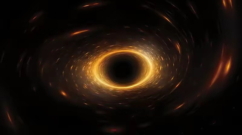 人类首张黑洞照片。这颗黑洞是室女座M87星系中心的黑洞，距离我们5500万光年。