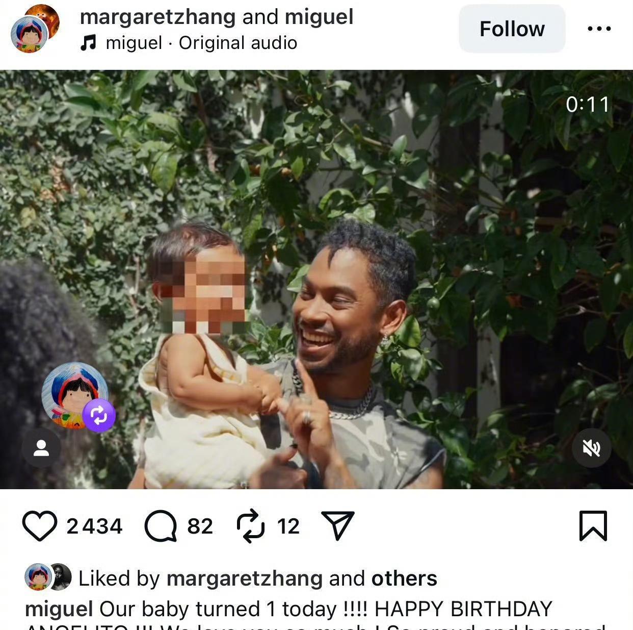 9月9日，章凝突然对外宣布了一个重磅消息，那就是她和黑人歌手Miguel生了一个