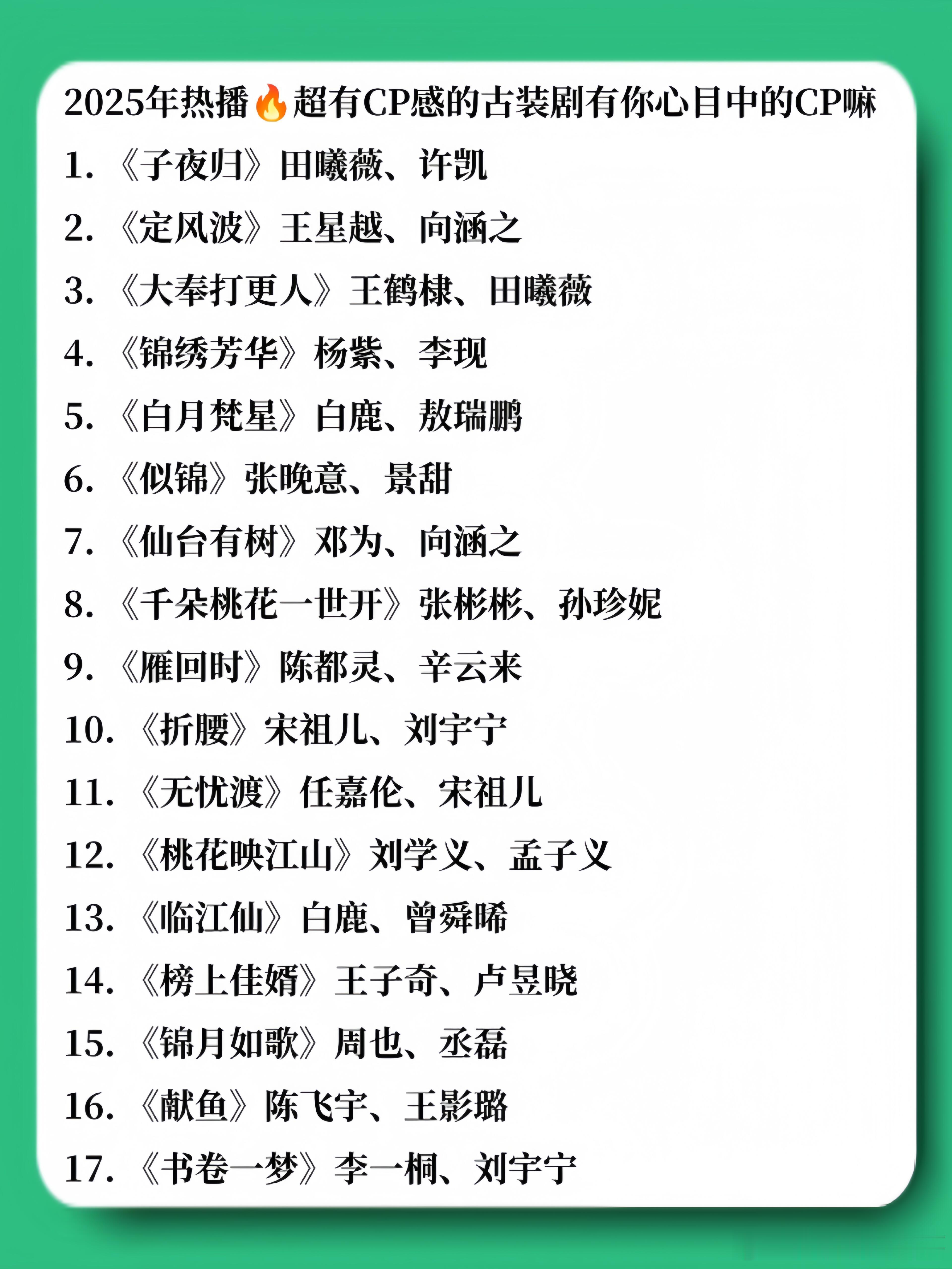 2025年热播🔥20部超有CP感的古装剧，有你心目中的CP嘛？1. 《子夜归》