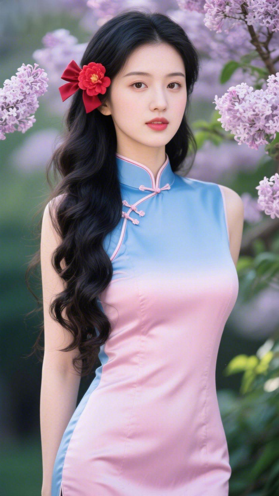 旗袍揽春光蓝粉渐变的旗袍，似将晴空的澄澈与繁花的温柔揉进衣袂，盘扣轻绾，藏