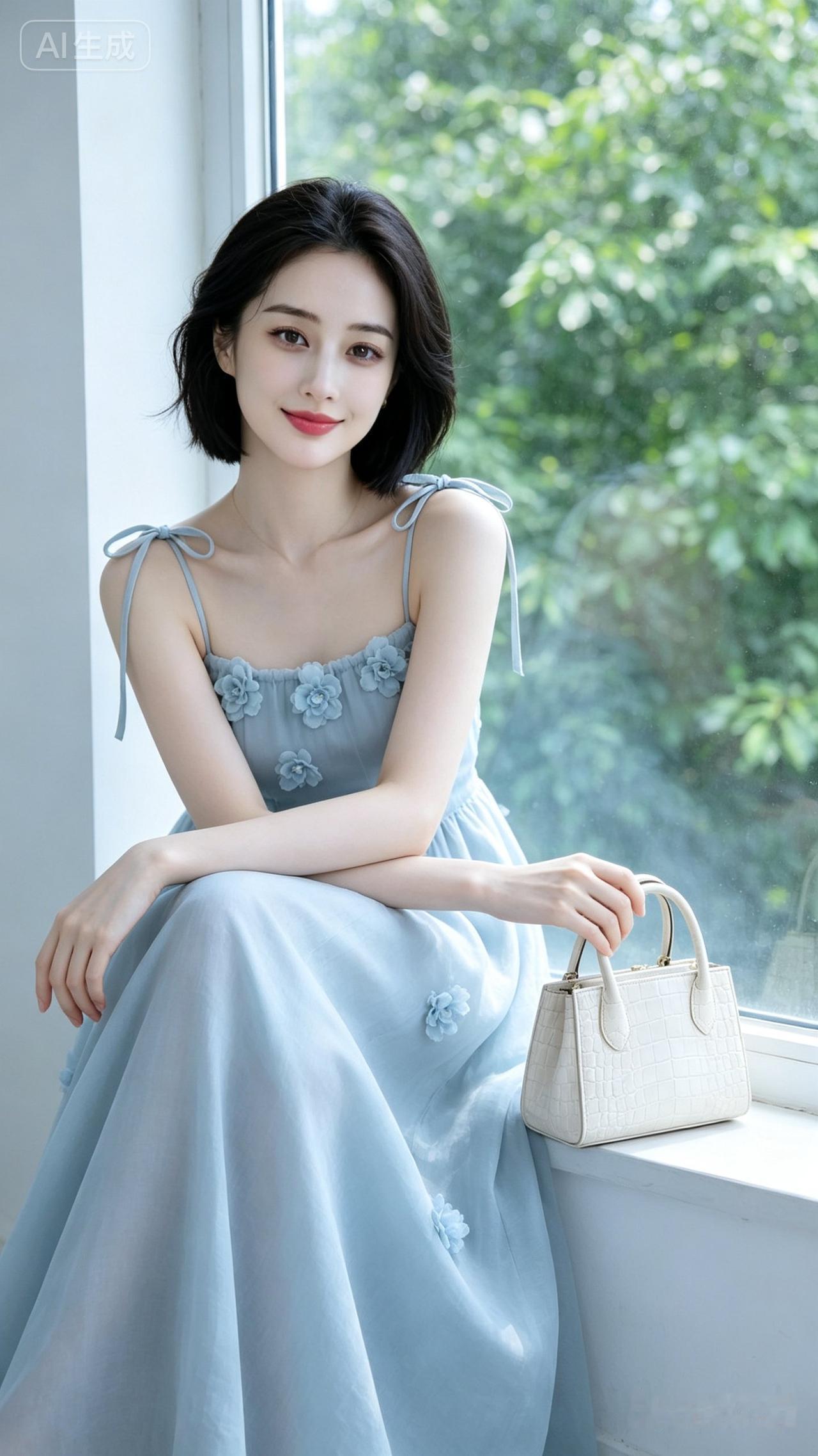 优雅蓝裙少女，窗边静坐，手提包相伴，清新自然。