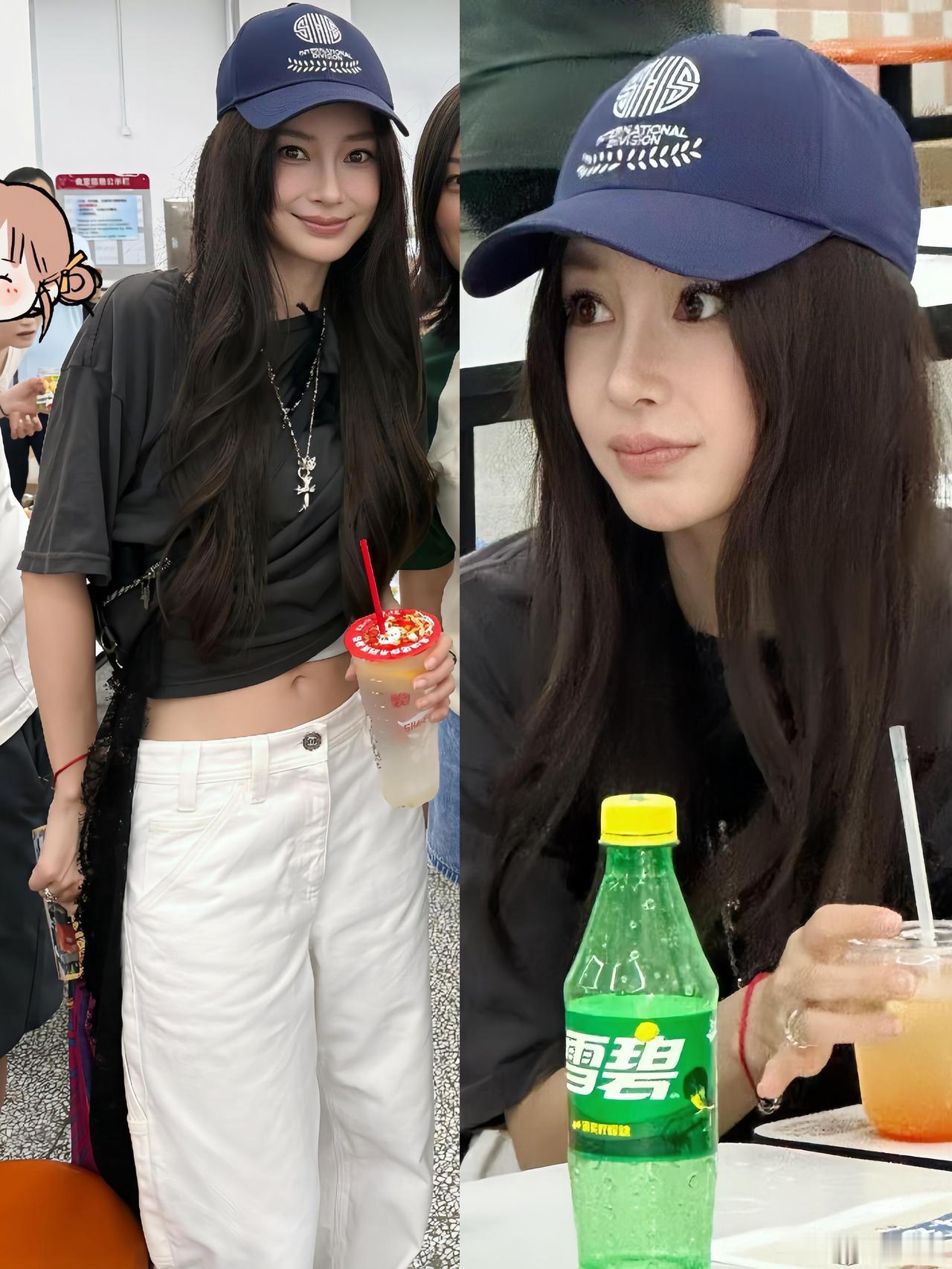 路人镜头下的Angelababy,这一身好减龄！藏青色棒球帽搭配深灰短袖T恤，