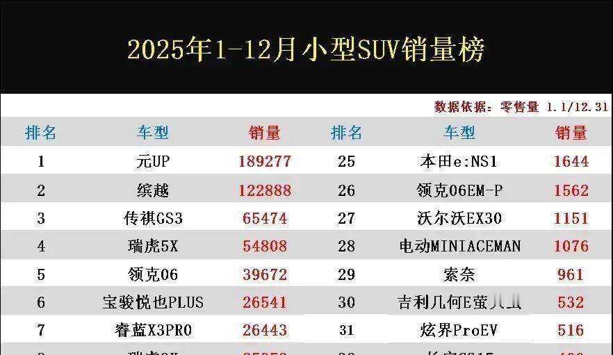 2025年小型SUV市场彻底变天了。冠军比亚迪元UP一辆车，差不多能把后边九个对