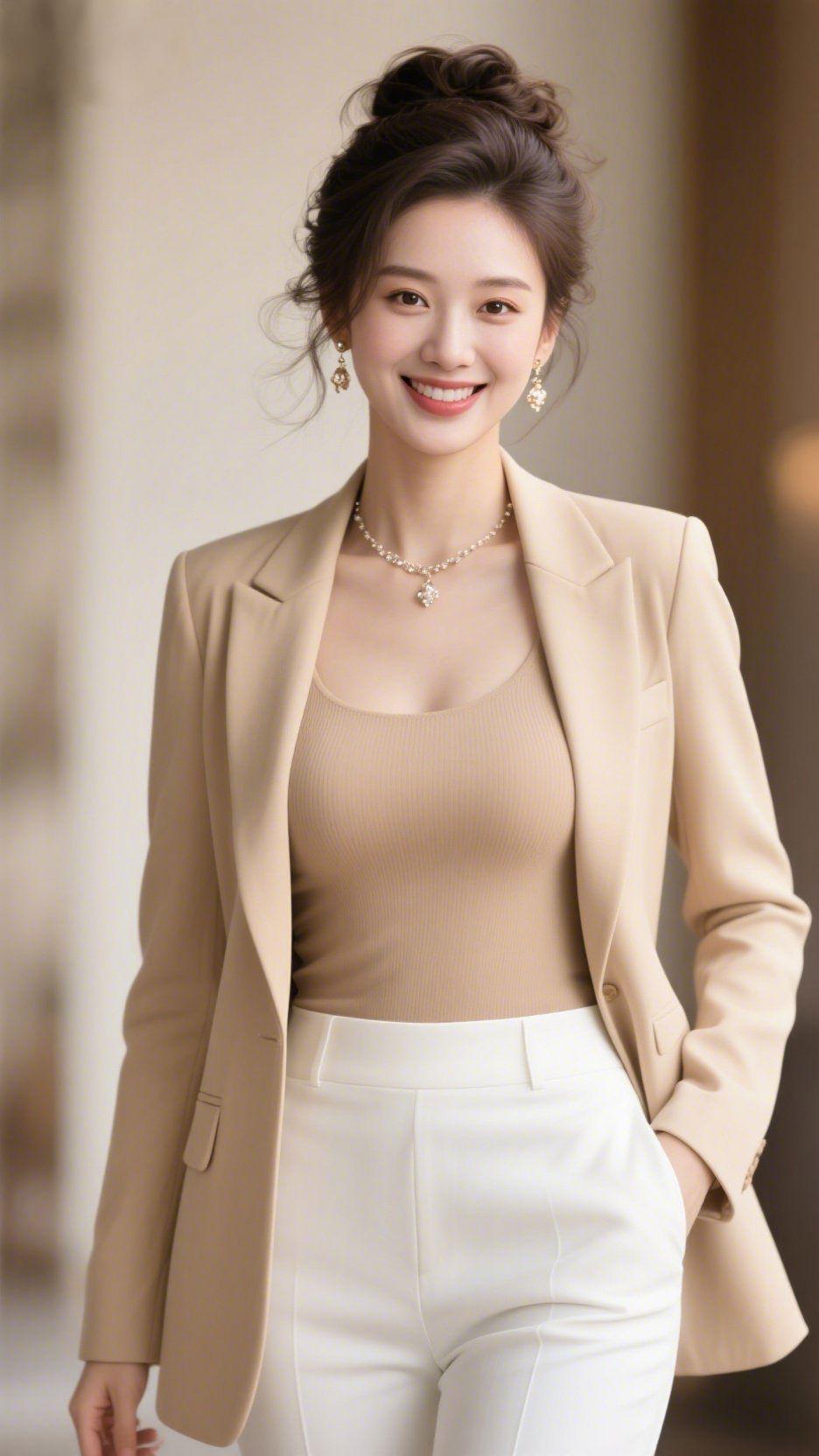 通勤时刻漾优雅暖调的走廊浸着柔和的光影，浅米色西装外套带着利落的剪裁，内搭