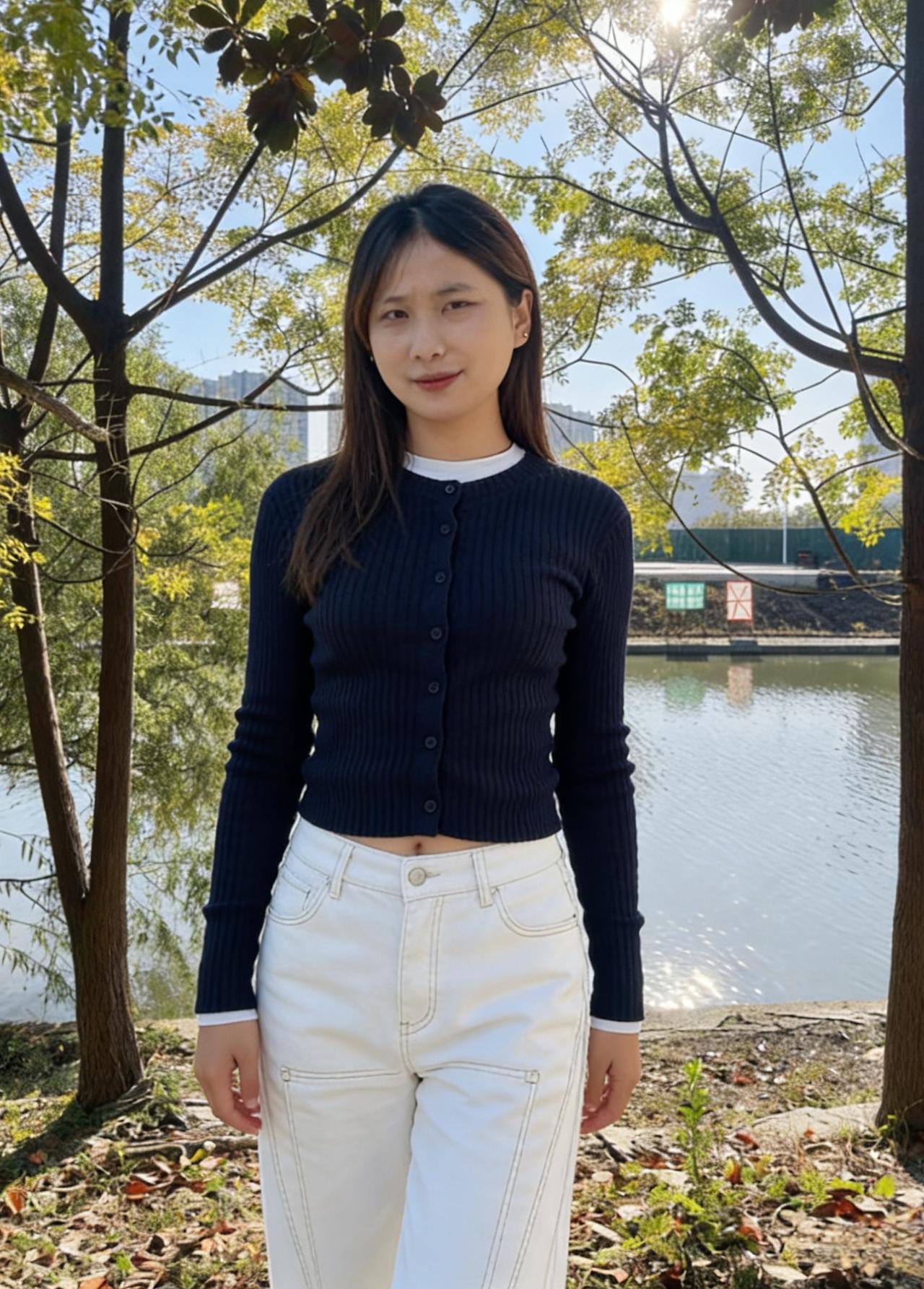 藏青是收束的情绪素白是未说的期许针织的纹路里，织着妥帖的自己在河畔，与季节