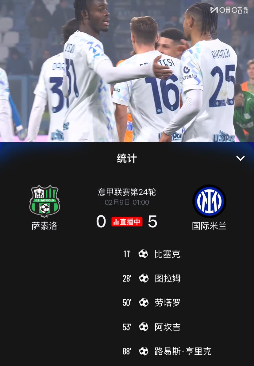 稳得一P！意甲第24轮国际米兰客场5：0大胜升班马萨索洛，迎来联赛的5连胜，比塞