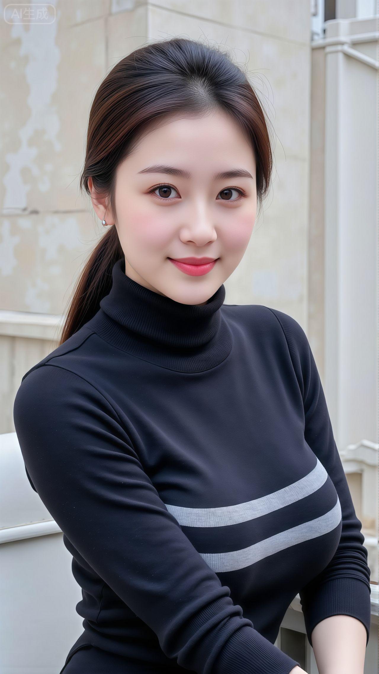 温柔甜美的冬日穿搭，黑色高领毛衣搭配自然妆容，简约而不失优雅。