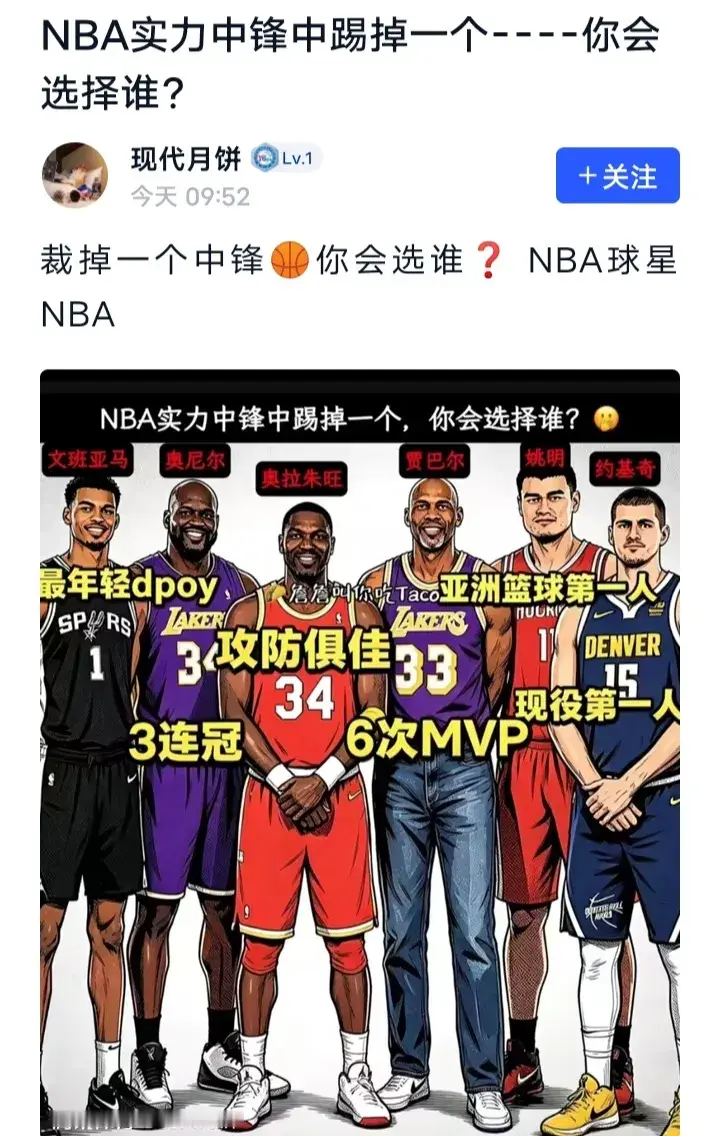 六大超级中锋，肯定裁掉姚明呀。文班亚马前途无量，过两年就有总冠军，MVP都会到手。其他巨星都是荣誉拉