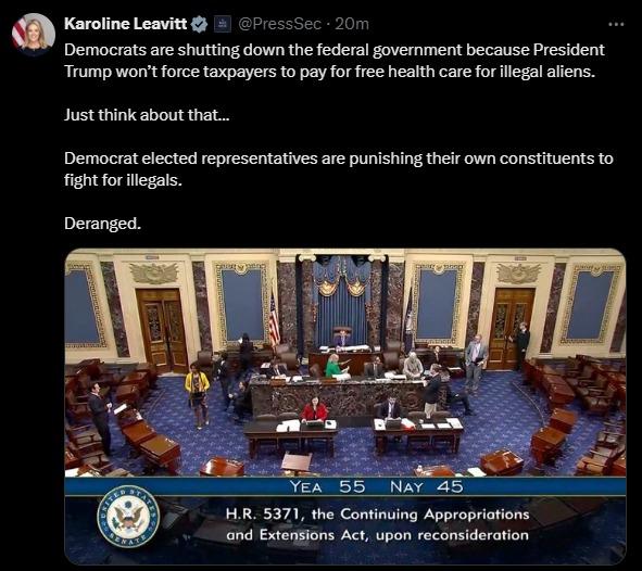 🚨🇺🇸白宫呼吁民主党关闭政府“参议院民主党刚刚投票决定让政府关门。民主