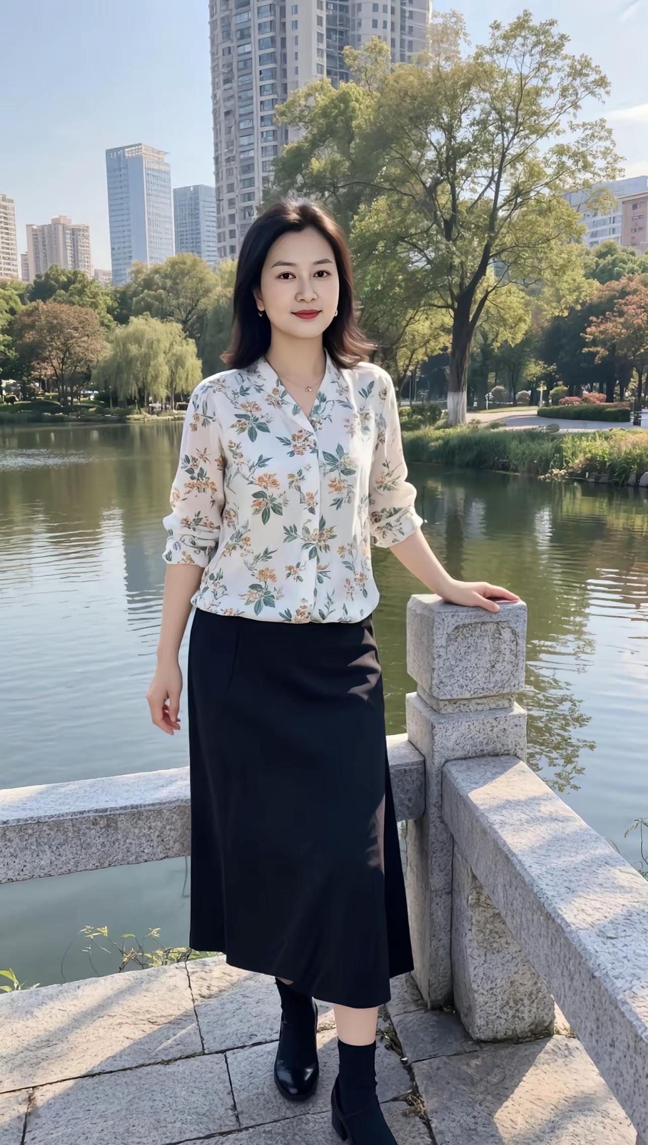 优雅穿搭指南：花衬衫+黑长裙，都市绿洲中的时尚之选🌿👗