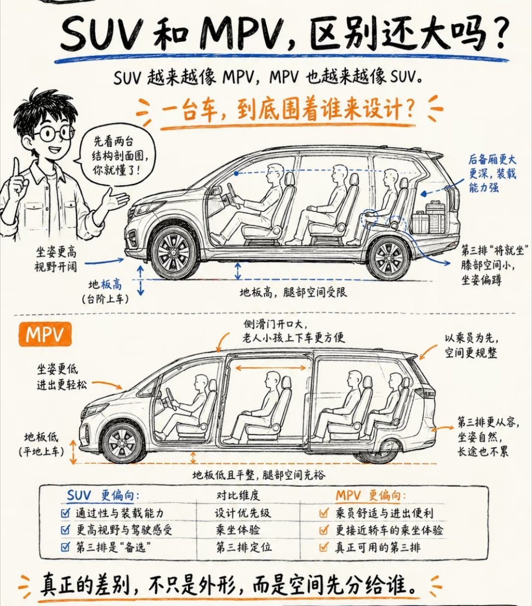 同样车长，车厢布局不同，乘坐感受差很多。MPV把机器占的地方压缩，乘员舱更方正，