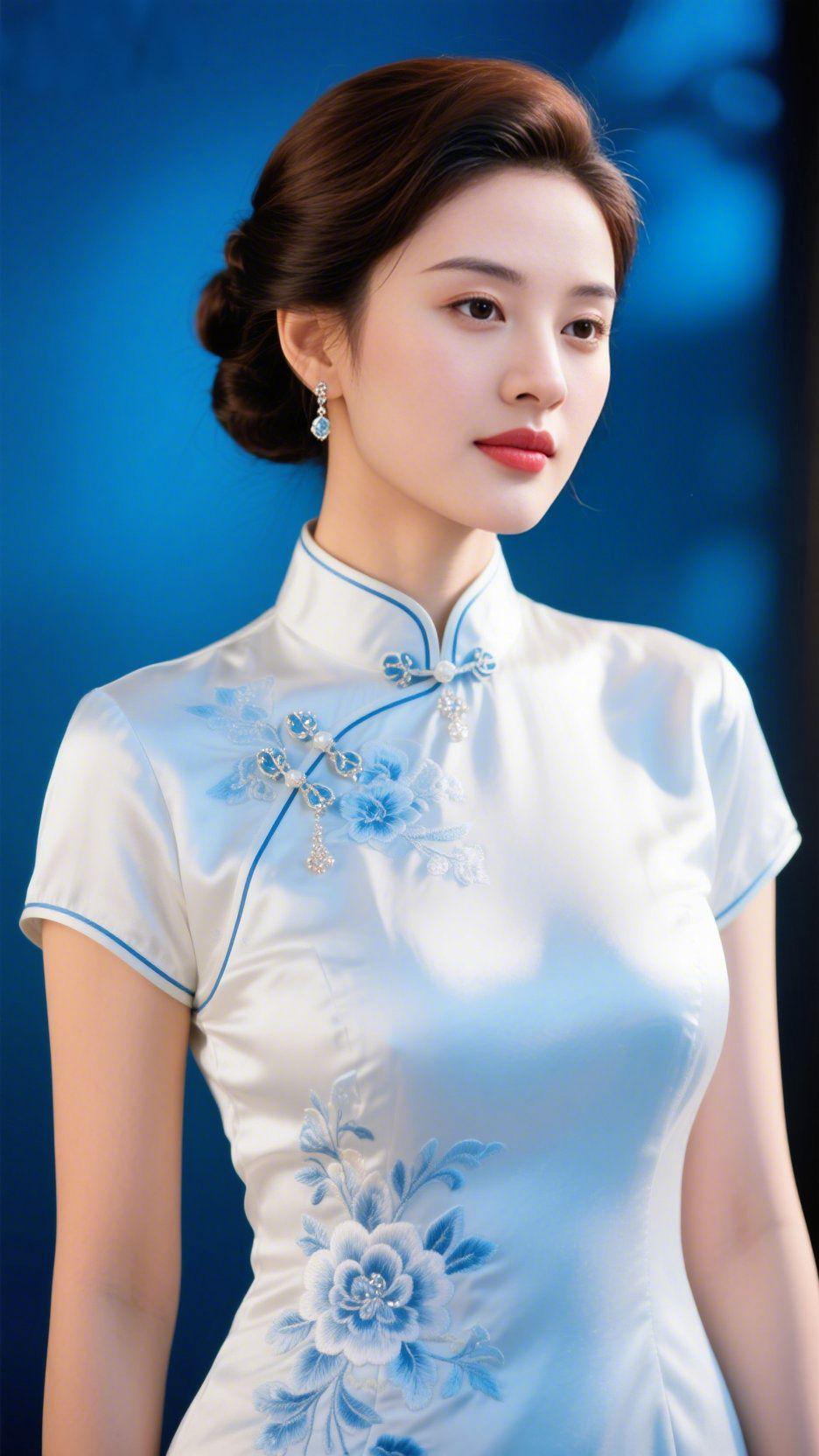 青蓝绣染月白襟靛蓝底色漫开时，她身上的月白旗袍像揉皱的月光——缎面裹着温软