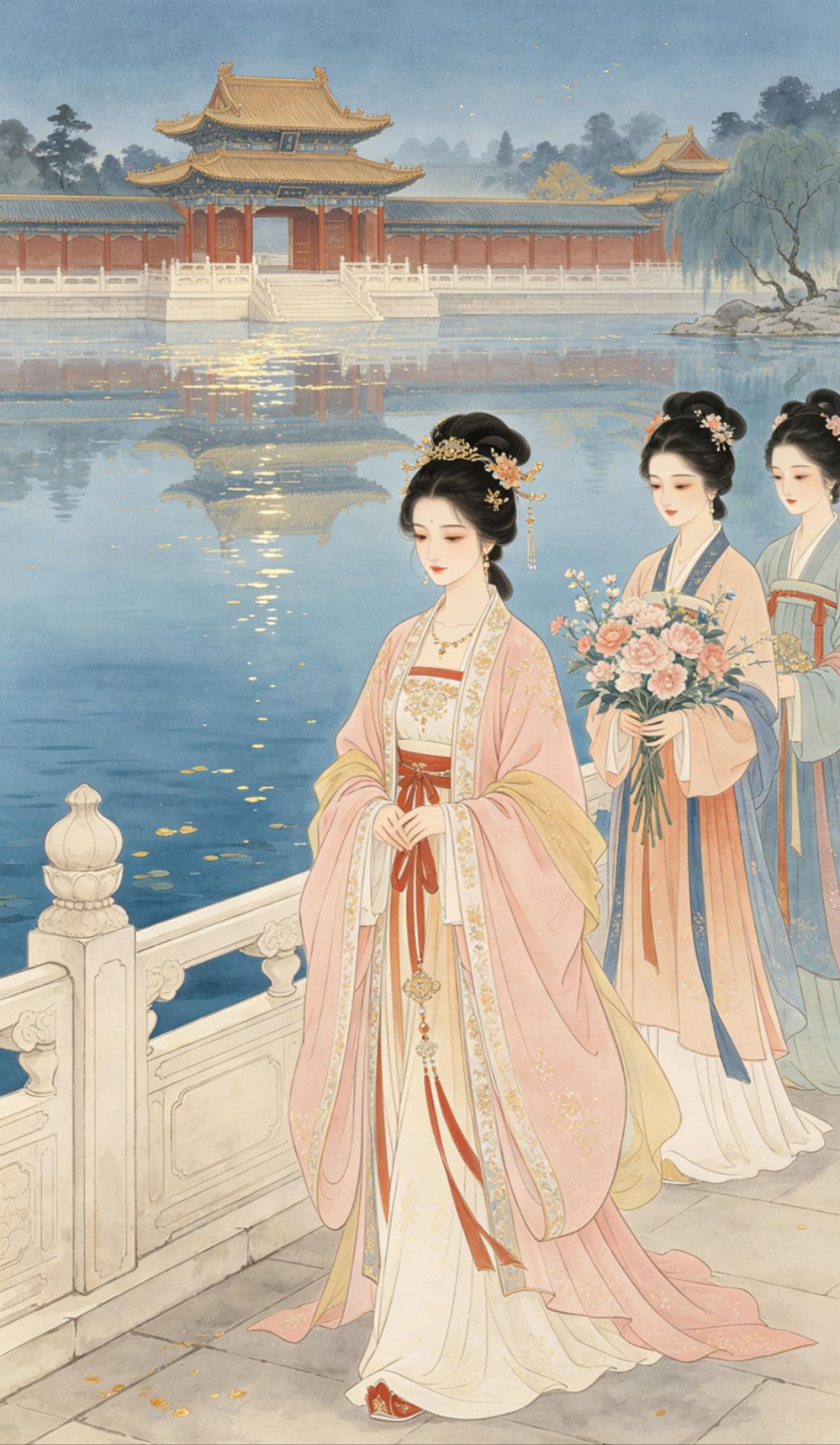 这古典美女真的美，我国的古典服装非常的美，可惜只适合有钱人穿，现在人没法穿，上公