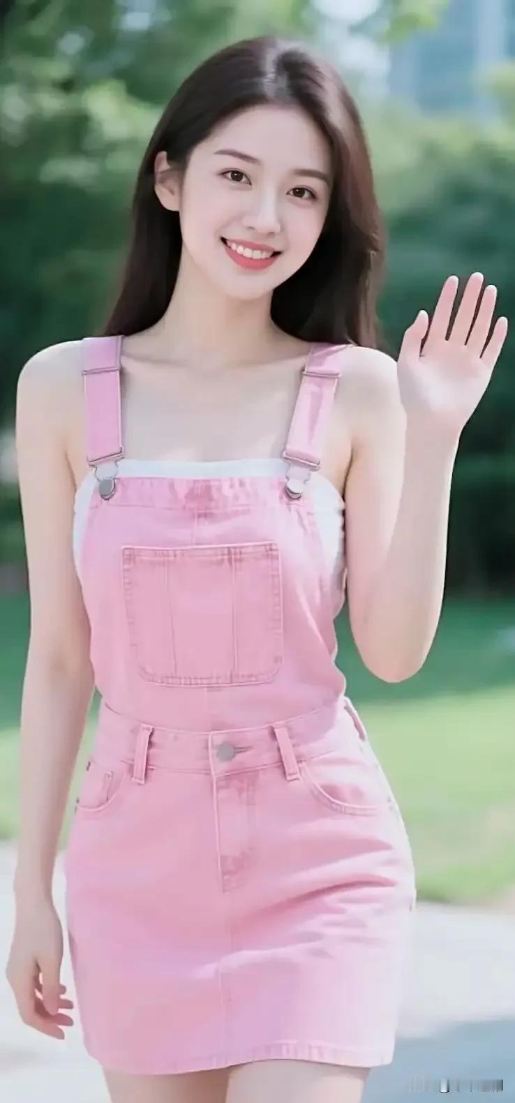 一身粉裙，迎着风挥手，笑容干净又明亮