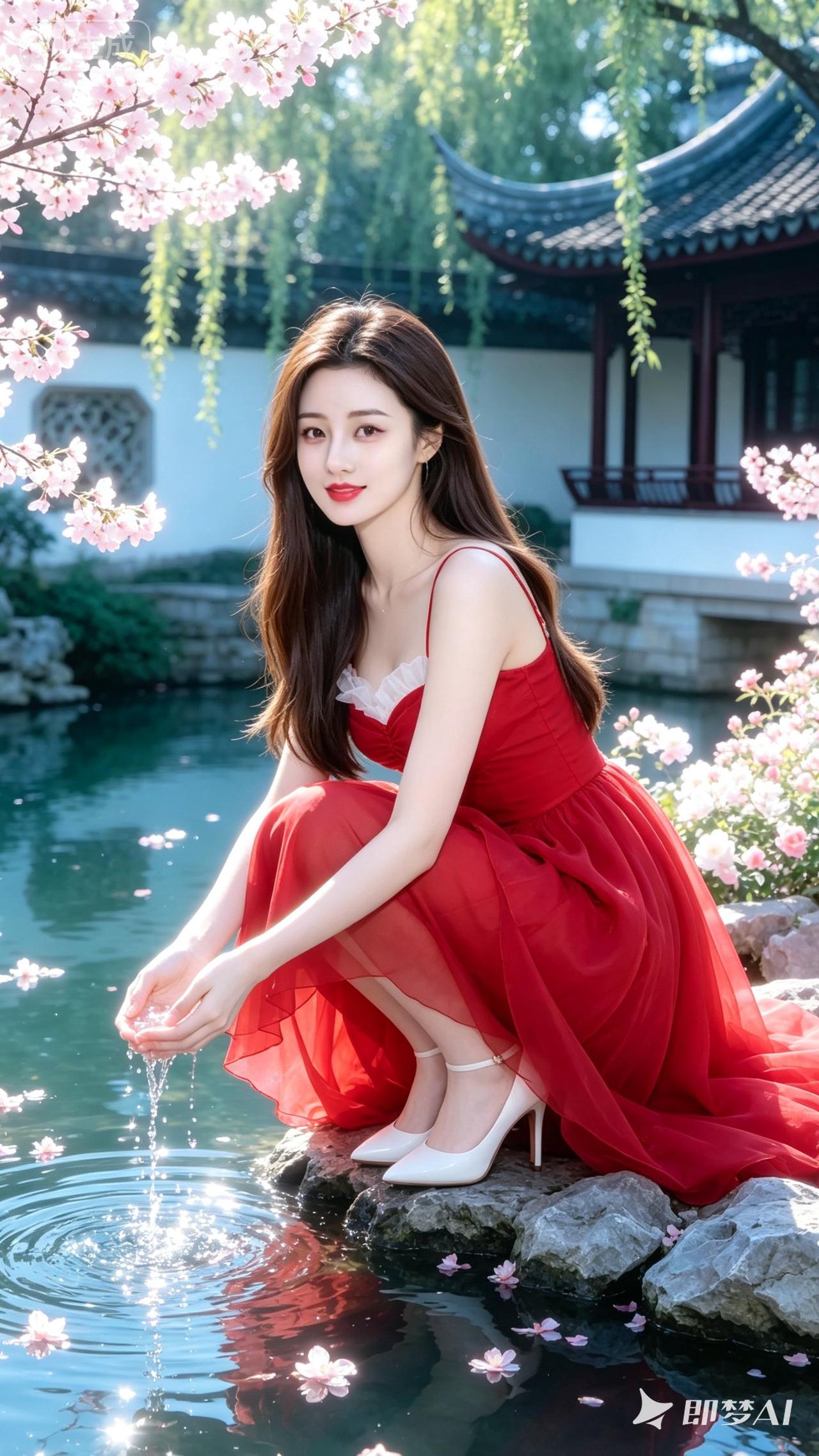 红裙少女与粉花相映，静谧池塘边，古风建筑旁，唯美如画。