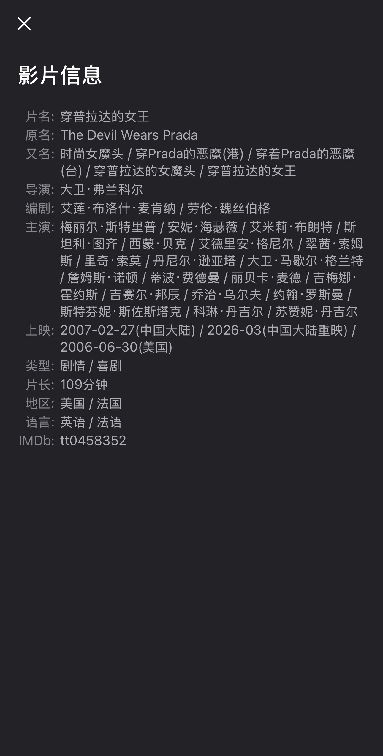 豆瓣显示，《穿普拉达的女王》将于今年3月内地重映，纪念上映二十周年。