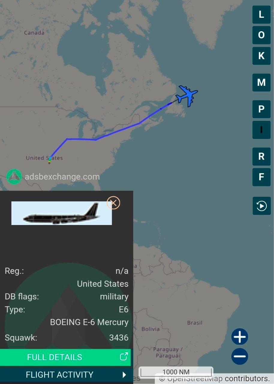 美国海军E-6B“水星”空中指挥机从俄克拉荷马州起飞，正向东飞越大西洋。这架飞机