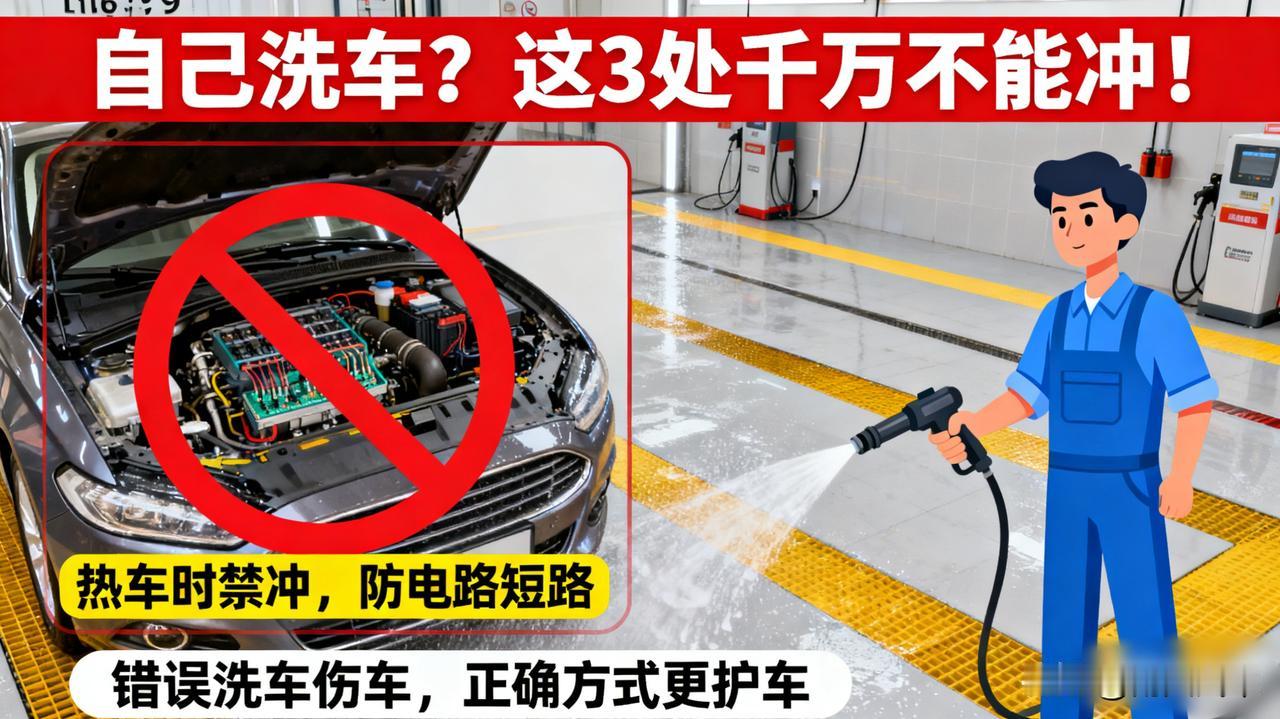 自己洗车，这几个地方千万不能直接用水冲！发动机舱（尤其是热车时）、汽车空调进