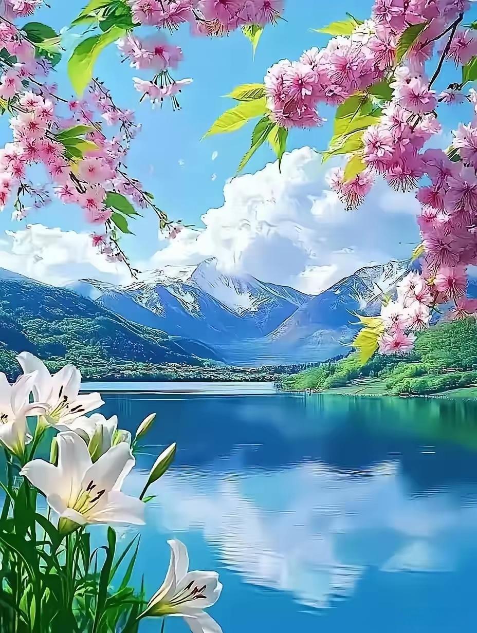 粉樱盛开，碧水如镜，雪山映照，世外桃源。