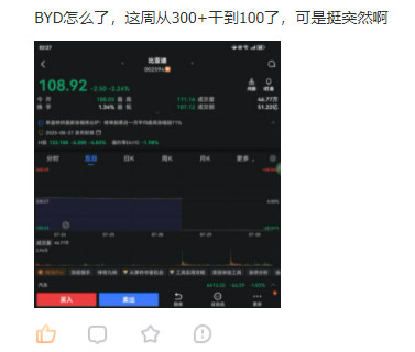 不要慌，不是比亚迪股票从200多跌到100多，是除权除息。10股送8股，再赠12