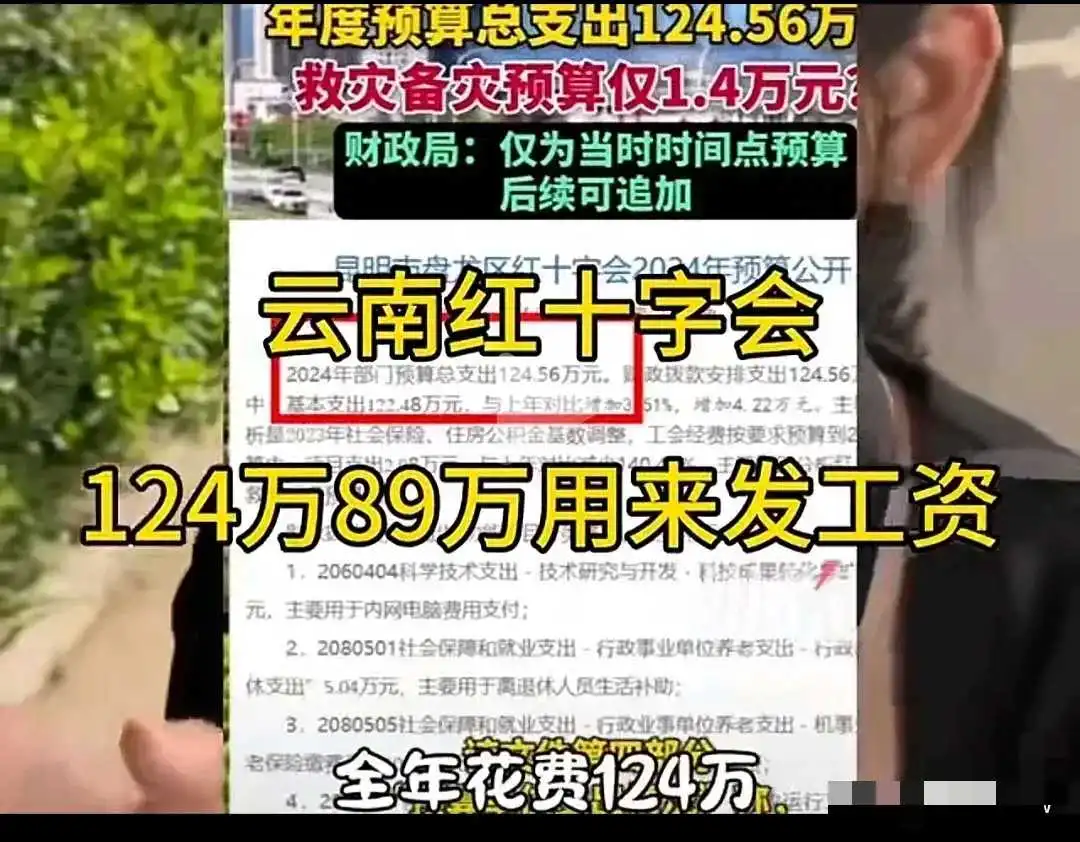 云南红十字会年度预算支出124.56万，其中89万用来支付工资。30万挪作其它费