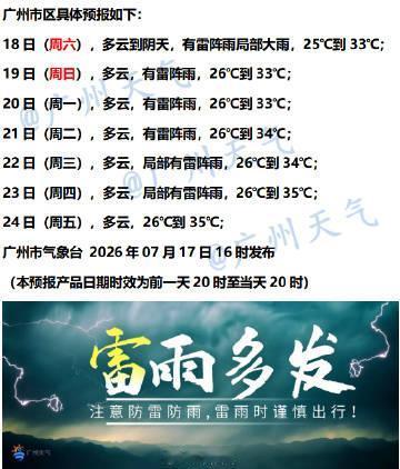 【广州未来七天（7月18日～7月24日）天气概览】未来三天，广州地区依旧会出现中