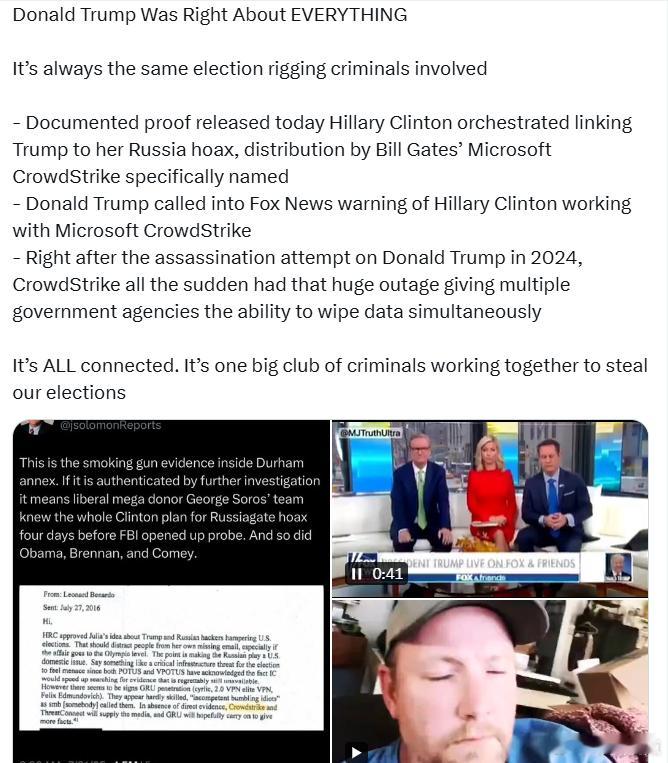 唐纳德·特朗普对一切的预言都应验了！总是那些操纵选举的同一帮罪犯在背后作祟。今天