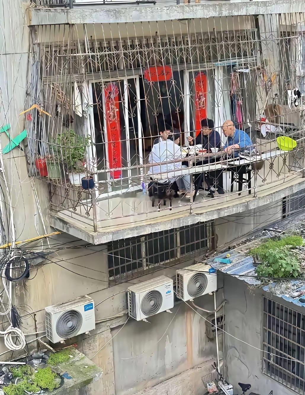 真是佩服这一家，水泥板都压弯了，还能淡然的吃饭​​​