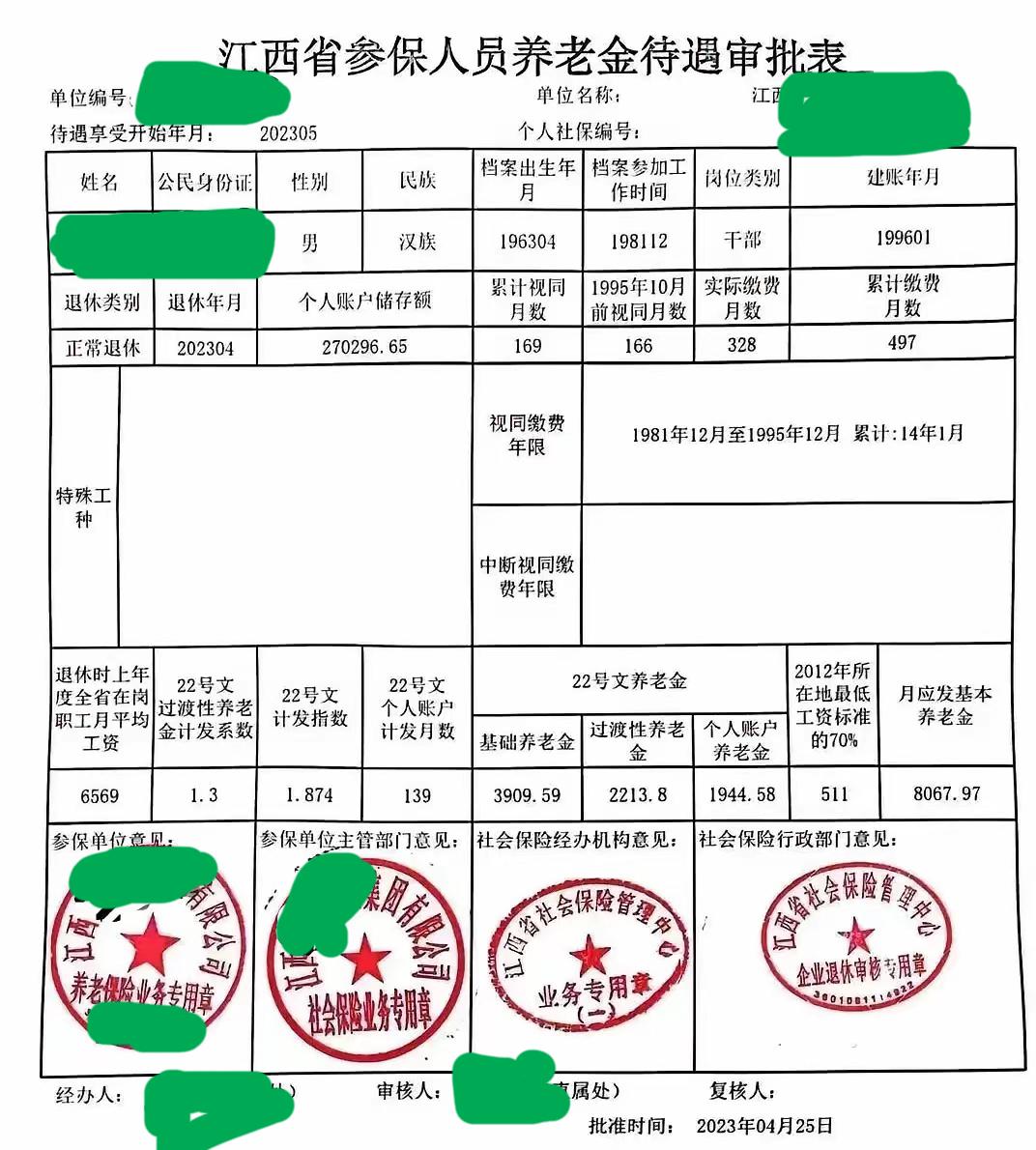 很难得地刷到一份月享基本养老金高达¥8067.97的江西省参保人员养老金待遇审批