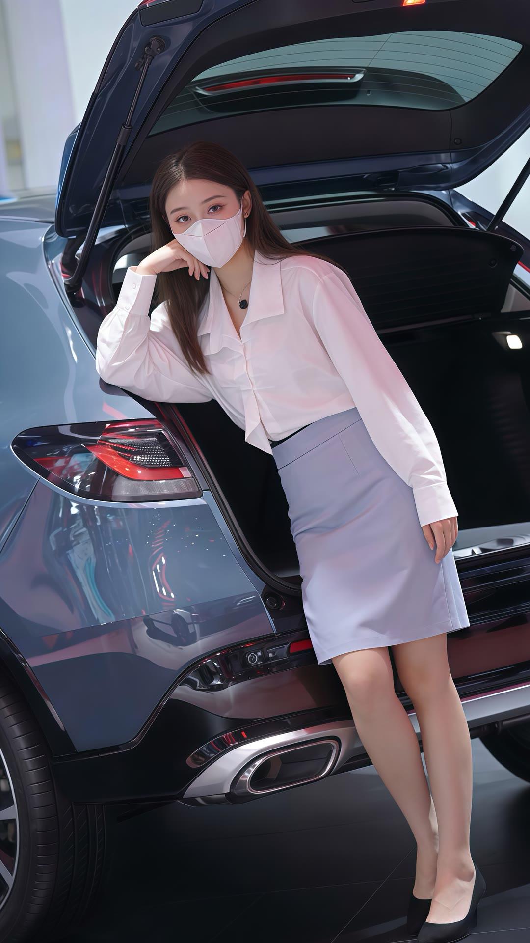 白衬衫配浅蓝高腰裙，非常的温柔,尽显高级美!