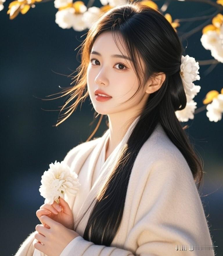 温柔古风少女，手持白花，宛如画中仙子。