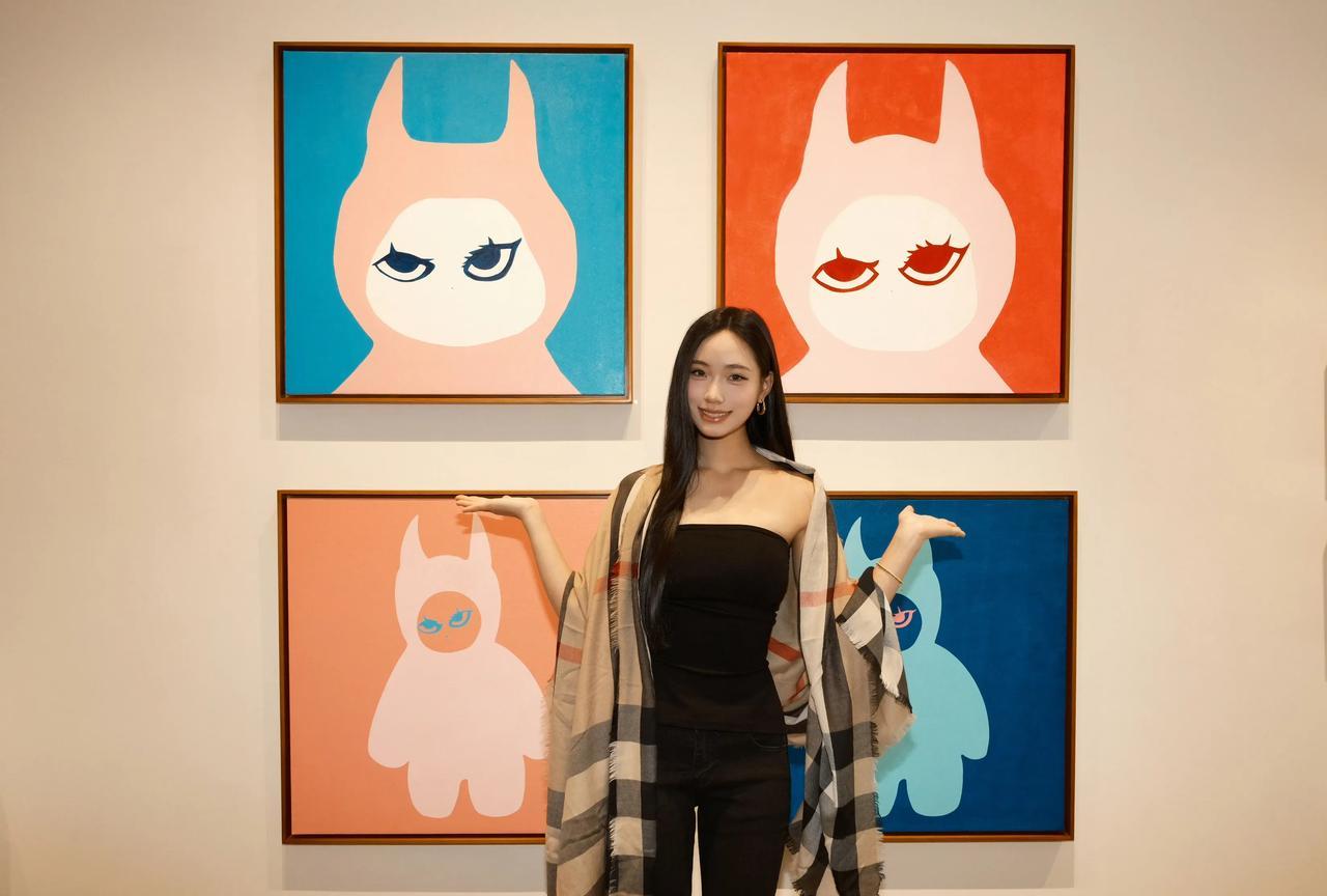 Lily和自己的画作合照人家有父母家庭托底人家办个展鼓励一下孩子怎么了？你