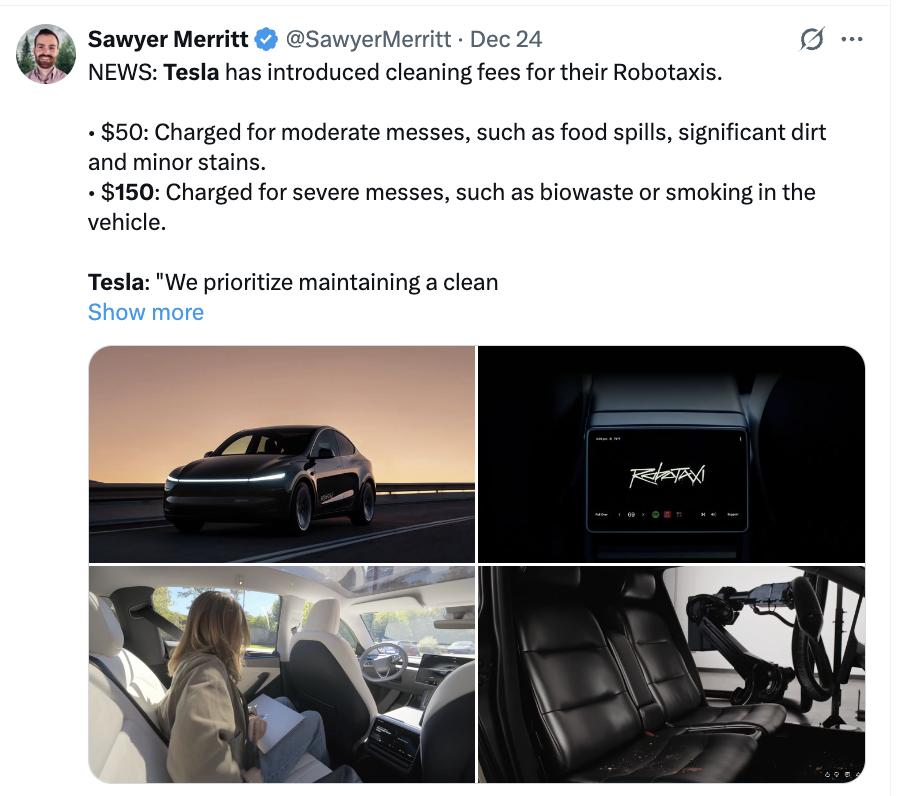 特斯拉新规：在Robotaxi抽烟要收150美元清洁费有大V在推特上透露，特斯
