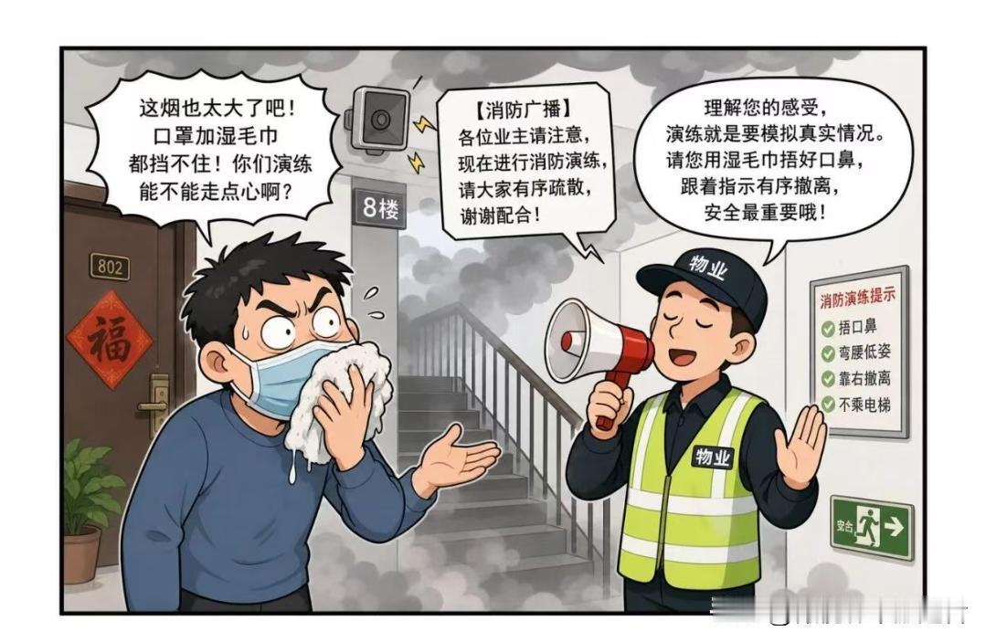 漫画分享和推荐物业消防演练。业主：演练还是真火？物业：演练。业主：那烟呢？物业：