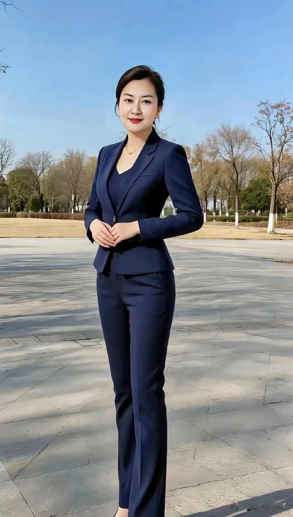 蓝空为幕，她立成一道优雅的剪影。西装勾勒肩线，藏起锋芒，却更显从容。阳光